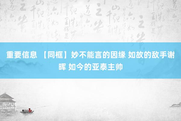 重要信息 【同框】妙不能言的因缘 如故的敌手谢晖 如今的亚泰主帅